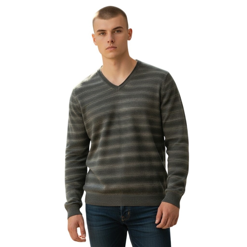 Bugatchi Merino Wool V-Neck Sweater Mens Large Grey Striped Long Sleeve